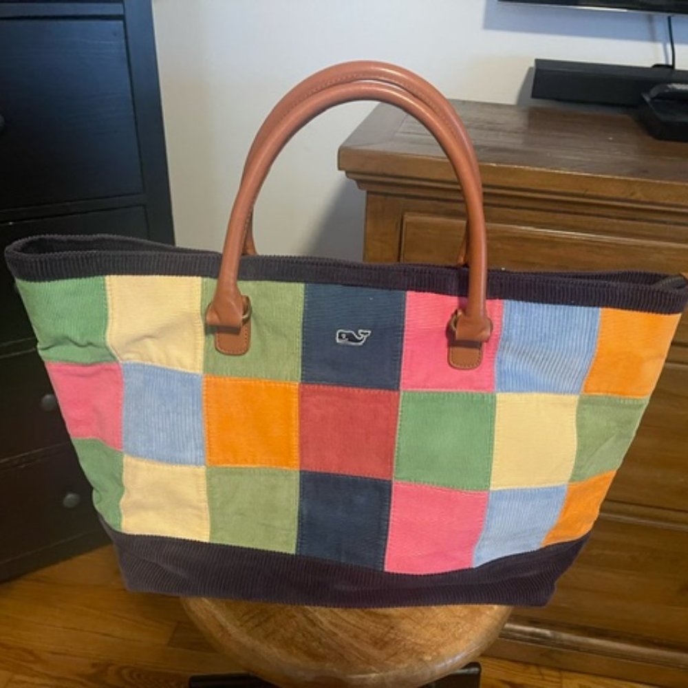 Vineyard Vines Patchwork Corduroy Tote with Rolled Leather Top Handles